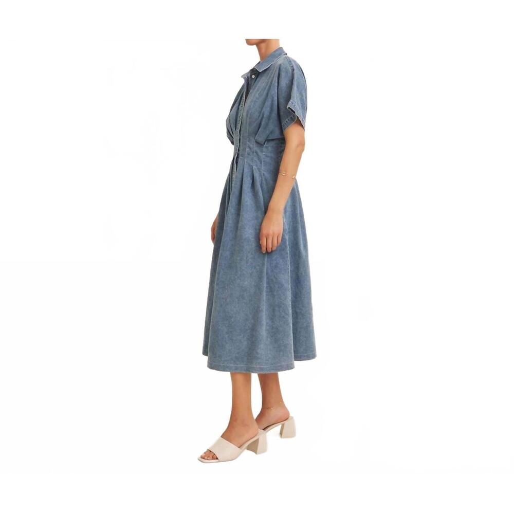 NEW IN FEBRUARY button down pleated midi dress in mineral washed denim - Picture 2 of 3
